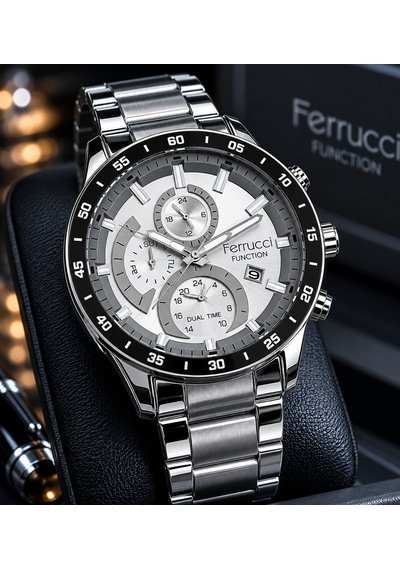 Ferrucci Fc32534 Silver Kordon Gri Kadran Fonksiyonlu Ve Takvimli Erkek Kol Saati Gümüş - Siyah