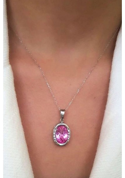 Pembe Zirkon Taşlı Gümüş Tasarım Kolye (460122596)