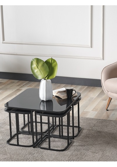 Pelikan 4+1 Siyah Aynalı Temperli Cam Siyah Metal Ayak Takım Sehpa Sedaş Living Units Sehpa