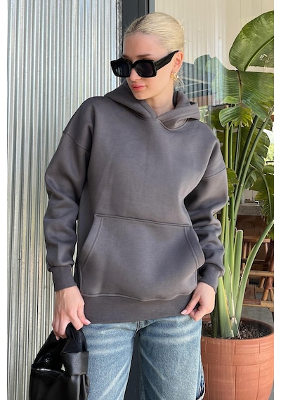 Füme Kapüşonlu Şardonlu Oversize Cepli Sweatshirt Mg2206