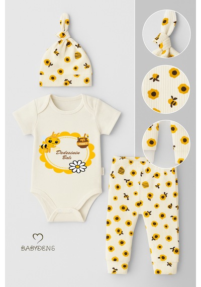 Babyden's Dedesinin Balı Yazılı 3 Lü Bebek Takımı Pamuklu Kısa Kollu Çıtçıtlı Body, Arı Desenli Pantolon,bere Seti Unisex Ekru