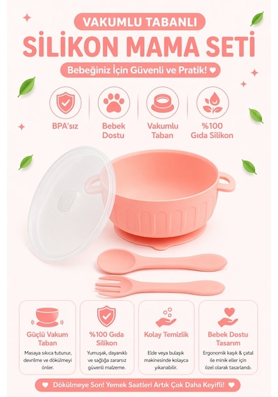 Jojobebek Kapaklı Vakumlu Silikon Mama Kasesi, Altı Vakumlu Mama Kasesi, Silikon Kaşık ve Çatal / Pembe