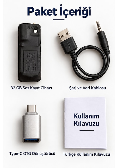 32 Gb Mini Ses Kayıt Cihazı 10 Güne Kadar Kayıt Sese Duyarlı Tek Tuşla Kayıt Usb Otg