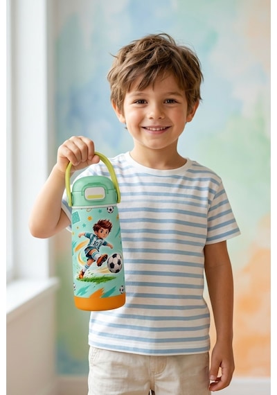 Puccon 420 Ml Açık Yeşil Futbol Desenli Erkek Çocuk Okul Matarası Paslanmaz Çelik Termos - 60021