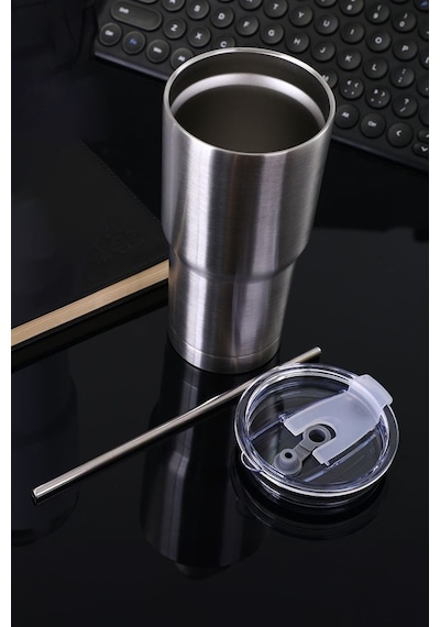 304 Çelik 900 Ml Tek Kapak Çift Kullanım Pipetli Soğuk İçecek El Termos Mug Gri