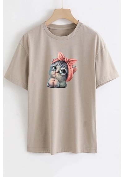 Startmore Sevimli Minik Kedi Baskılı T-shirt Taş Rengi