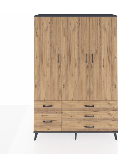 Hyperion Dolap 5 Raflı 5 Çekmeceli Tek Askılı 132x44x195 Antrasit-çam/çam Atlas Çam/atlas Çam