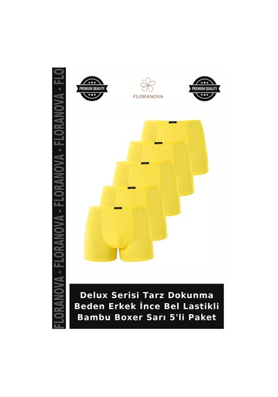 Floranova Delux Serisi Tarz Dokunma Beden Erkek İnce Bel Lastikli Bambu Boxer Sarı 5'li Paket