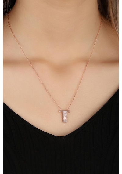 Baget Taşlı Pırlanta Model Gümüş Harf Kolye - T Rose Gold