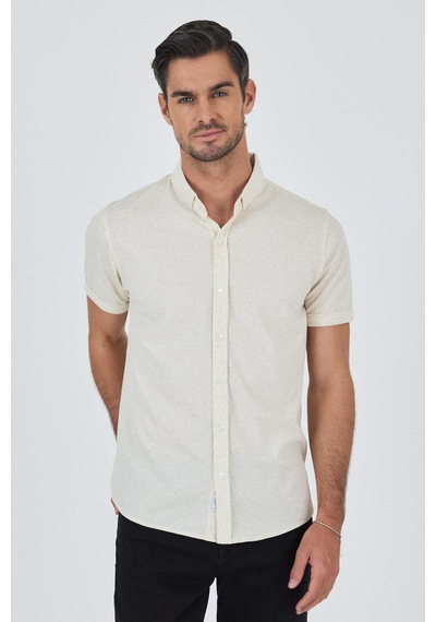 İmza Ekru Kısa Kol Düz Örme Düğmeli Yaka Cepsiz Pamuklu Classic Slim Fit Gömlek 1004250155 609 Ekru