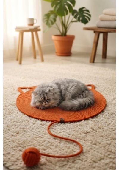 Tr Pet El Yapımı Oyuncaklı Kedi Tırmalama Matı%100 Pamuk İpli Turuncu