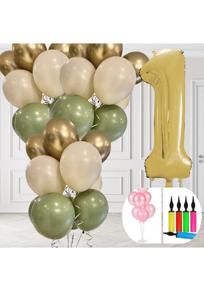 1 Yaş Balon Standlı Ve Pompalı Retro Küf Yeşili Krom Gold Kum Beji Balon Seti Gold Rakam Süsleme Çok Renkli