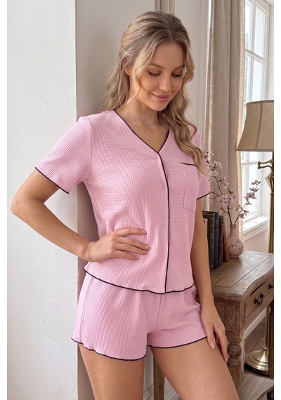 Bella Notte Pembe Kısa Kollu V Yaka Biye Detaylı Pijama Takımı Toz Pembe