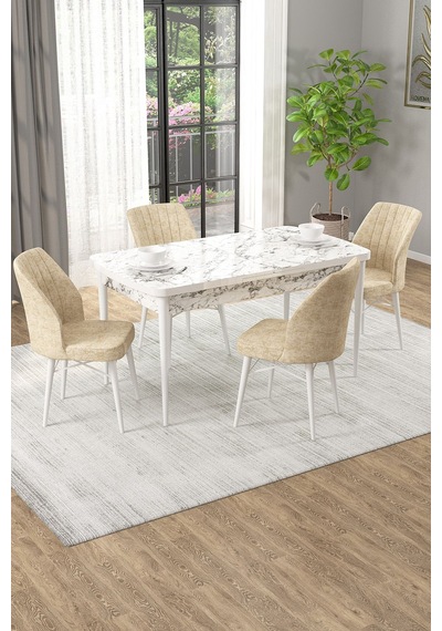 Arel Beyaz Mermer 80x132 Açılabilir Mdf Masa Yemek Odası Takımı, Mutfak Takımı 4 Adet Sandalye Beyaz Mermer - 4 Krem - Beyaz Ayak Arel Beyaz Mermer 80x132 Açılabilir Mdf Masa Yemek Odası Takımı, Mutfak Takımı 4 Adet Sandalye Beyaz Mermer - 4 Krem - Beyaz Ayak