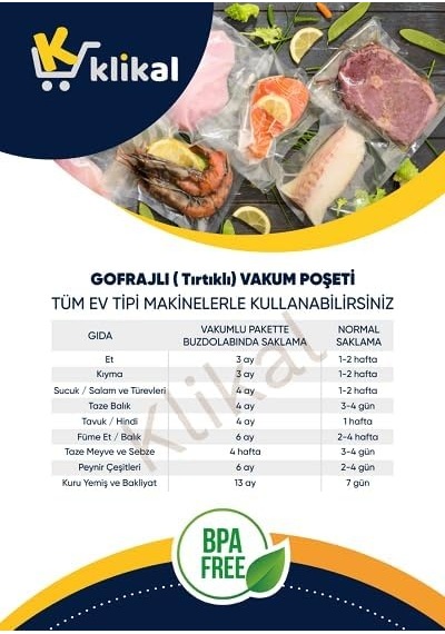 Klikal Ev Tipi Çok Katmanlı Gofrajlı Vakum Poşeti 100 Adet Seçenekli 30x40 Cm