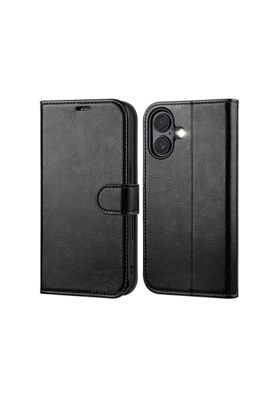 Apple Uyumlu iPhone 16 Kılıf 360 Tam Kaplar Deri Dokulu Kapaklı Cüzdanlı Kartlıklı Standlı Kartvizitli Kapak, Siyah, Tek Eba Diğer