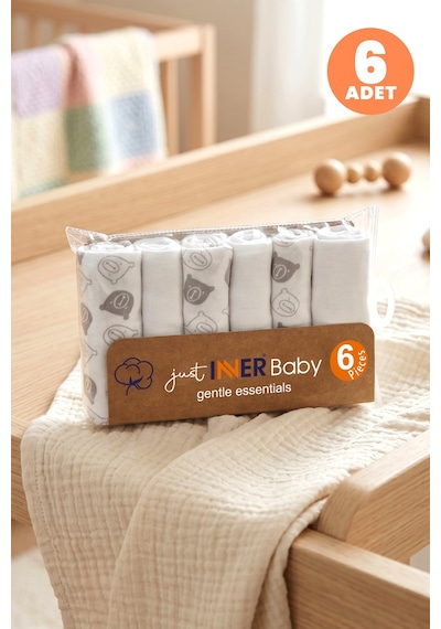 Just Inner Erkek Bebek 6'lı %100 Pamuk Ağız Mendili Ayıcık Desenli Kutulu Set Nefes Alan Doku 582201 Krem