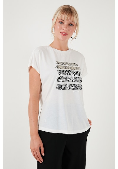 Lela Baskılı Bisiklet Yaka Regular Fit Bayan T Shirt 6671003 Ekru