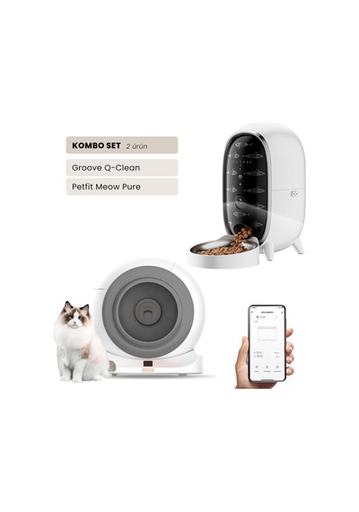Groove Q-clean Wi-fi Akıllı Otomatik Kedi Tuvaleti Gri + Petfit Meow Pure 3l Wi-fi Kameralı Akıllı Otomatik Mama Kabı Besleme Ünitesi Bundle
