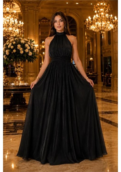 Neşeli Butik Kadın Siyah Halter Yaka Janjan Kumaş Premium Abiye Elbise Nbmy4128