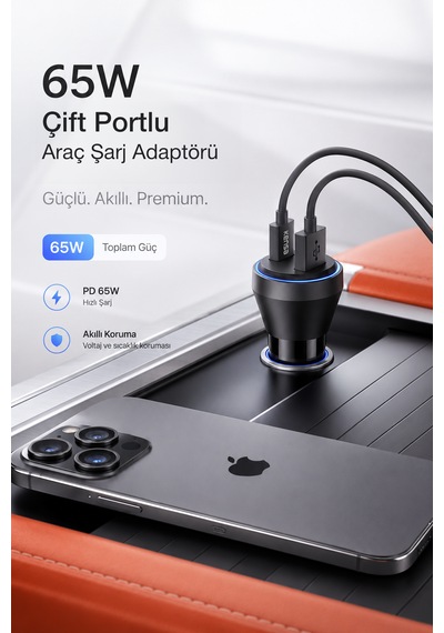 Kensa 65w Çift Portlu Hızlı Araç Şarj Cihazı Usb-c Pd & Usb-a Qc Akıllı Koruma 65w Araç Şarj Cihazı
