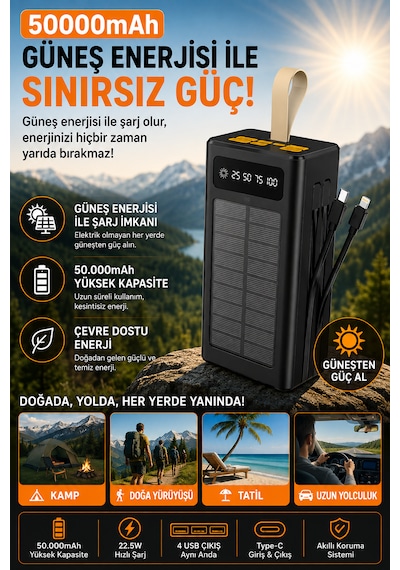 50.000 Mah Güneş Panelli Powerbank 22.5w Hızlı Şarj Dahili Kablolu Dijital Göstergeli Usb & Type-c Taşınabilir Harici Batarya Siyah