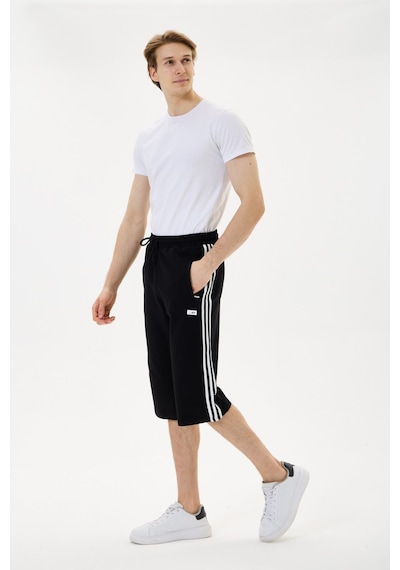 Mysport 6008 Erkek Relax Fit Rahat Kesim Pamuklu Beli Bağcıklı Fermuarlı Cep Yan Şeritli Kapri Bermuda Siyah