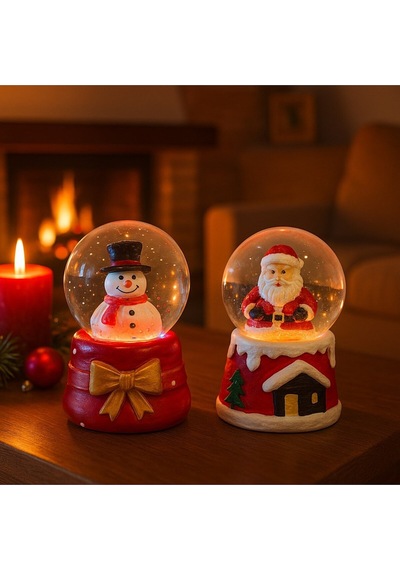 Yeni Yılın En Güzel Hediyesi Yılbaşı 2 Adet Led Işıklı 6,5 Cm Noel Baba Kardan Adam Kar Küresi Seti Dekoratif Obje