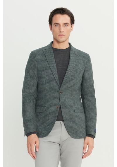 Altınyıldız Collectıon Erkek Yesıl Slim Fit Dar Kesim Mono Yaka Desenli Yünlü Ceket