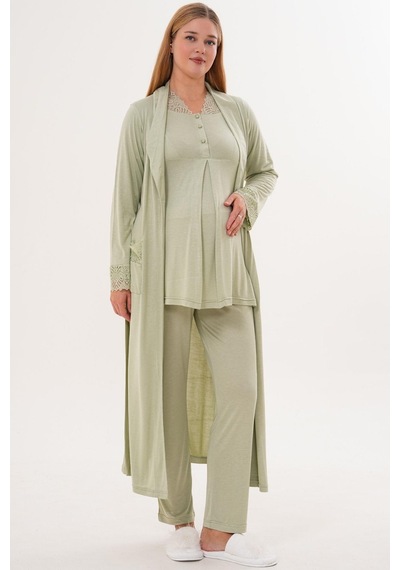 Mecit Pijama Mecit 6330 Yeşil Sabahlıklı Lohusa Pijama Takımı