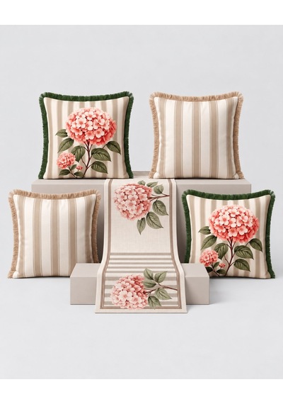 Çizgili Çiçek Desenli Runner + 4 Lü Kırlent Kılıfı Kombin Seti 45 x 45