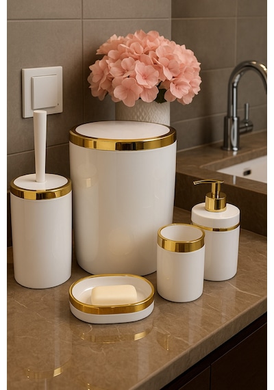 Makri Home Banyo Seti 5'li,akrilik-çöpkovası,wc Fırçalık,sıvı Sabunluk,diş Fırçalık,el Sabunluk,gold Renk Detay Beyaz