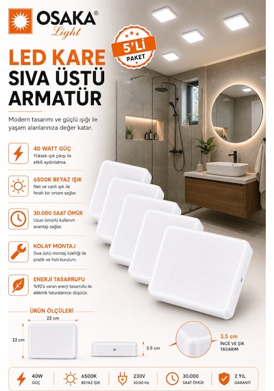 5 Adet Osaka 40w Kare Sıva Üstü Armatür Beyaz Işık 6500k