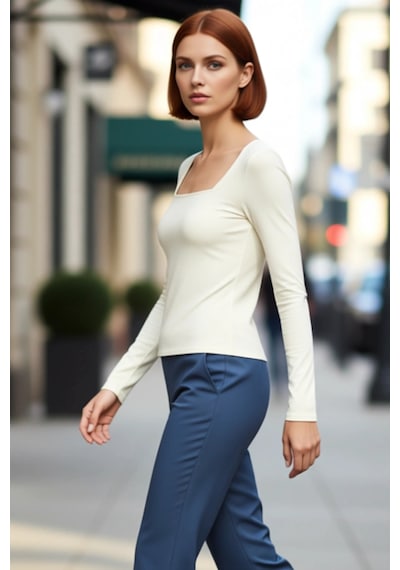 Ersefa Moda Kare Yaka Örme Slim Düz Desen Casual Günlük Regular Uzun Kol Ekru