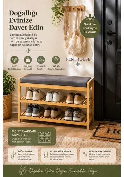 Bambu Ayakkabılık Oturmalı Minderli 2 Raflı 6 Çift Kapasiteli Şık Ve Dayanıklı Ayakkabı Rafı Ahşap