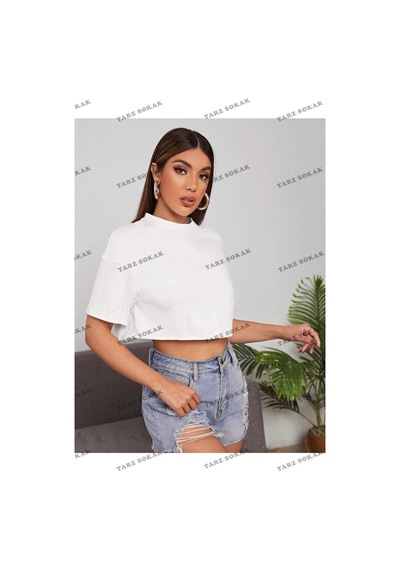 Tarzsokak Kadın Beyaz Bisiklet Yaka Oversize Crop
