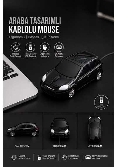 Suv Araba Şeklinde 1200 Dpı 3 Düğmeli Usb Kablolu Optik Mouse