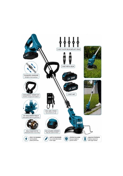Dragro Drg-21v Kömürsüz Mmotor Çift Akü Uzatmalı Kollu Çalı Ot Biçme Şarjlı Tırpan 2 Akülü