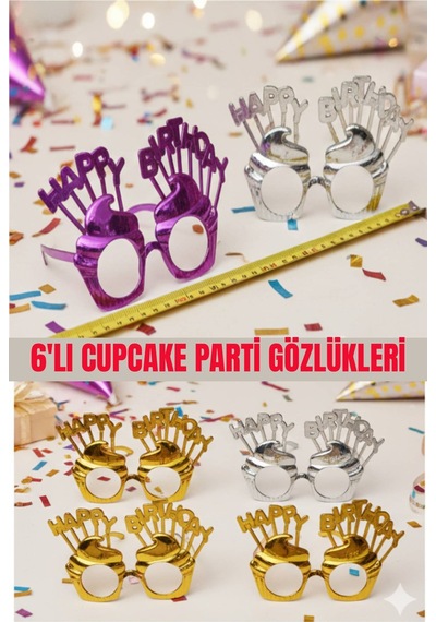 6 Lı Happy Birthday Cupcake Parti Gözlüğü Doğum Günü Eğlenceli Fotoğraf Aksesuarı
