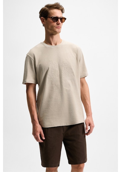 Grımelange NELIDO Erkek Nakış Detaylı %100 Organik Pamuk Bisiklet Yaka Kısa Kollu Regular Fit Taş Rengi T-Shirt
