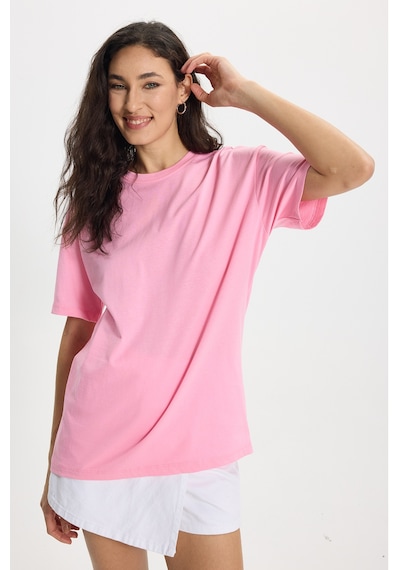 Tudors Kadın Slim Fit Dar Kesim Pamuk Kısa Kollu Bisiklet Yaka Pembe Tişört-50472 L