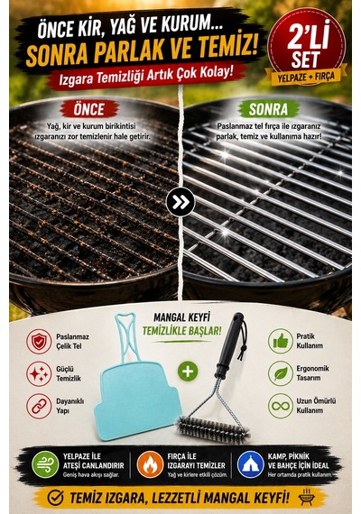 2'li Set Mangal Yelpazesi Ve Izgara Temizlik Fırçası Kamp Piknik Barbekü Mangal Aksesuarı Pratik