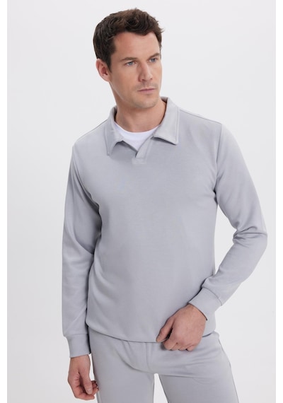 Tudors Erkek Relax Fit Rahat Kesim Polo V Yaka Gri Sweatshirt-41923 Gri