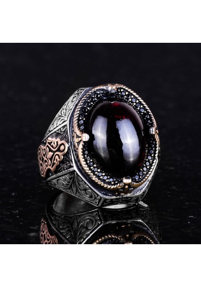 Gerçek Doğal Cabochon Granat Taşlı Yüzük - Derin 925k Katı Gümüş Erkek Yüzüğü Gümüş