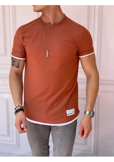 Modefendi Slim Fit Örgü Desen Pamuklu Parçalı Tshırt Kiremit