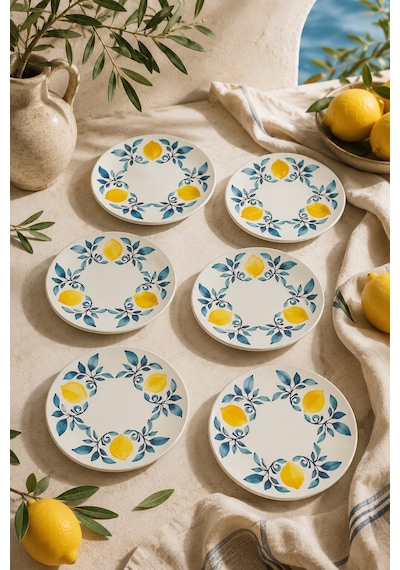 6 Lı Limon Desenli Seramik Tatlı Tabağı 16 Cm Akdeniz Temalı Pasta Kahvaltı Ve Sunum Tabağı Beyaz