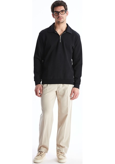Lcw Vision Siyah Polo Yaka Uzun Kollu Erkek Sweatshirt