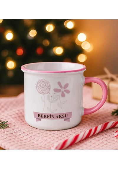 Bk Gift Kişiye Özel Çiçek Tasarımlı Pembe Emaye Kupa Bardak -18, Arkadaşa Hediye, Sevgiliye Hediye