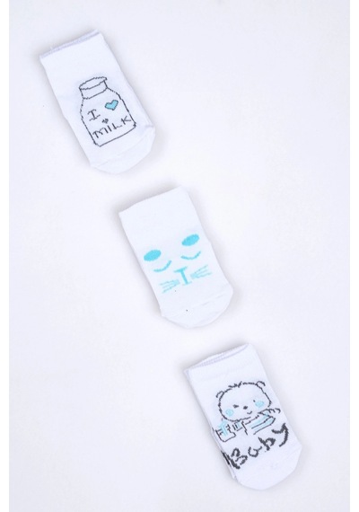 Cocole Socks Erkek Bebek Soket Çorabı 3 Lü Set Pamuklu Beyaz Sevimli Figür Desenli Çok Renkli