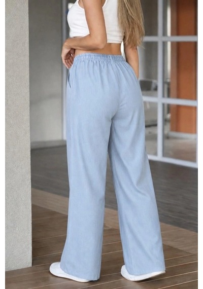Defymoda Kadın Yüksek Bel Lastikli Bağcıklı Kot Pantolon Mavi